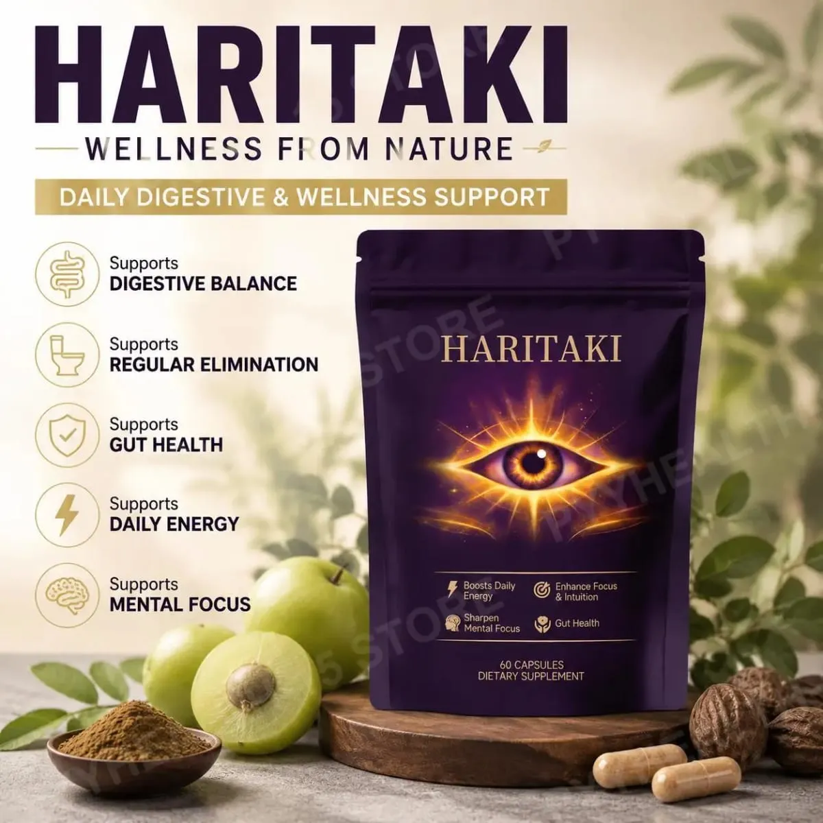 Haritaki Fruit Powder Capsules Supports Digestive Balance and Gut Health Mental Focus Single Ingredient 30 Servings 60 Capsules — image 1