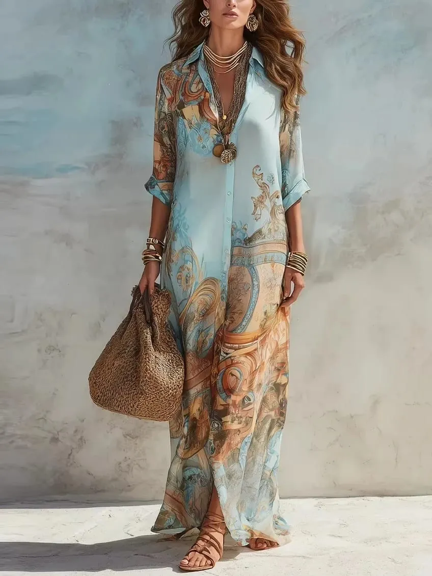 Elegant Shirt Dress for Women Chiffon Digital Print Turndown Collar Single-breasted Dresses Flowy Casual Boho Summer Clothing — image 1