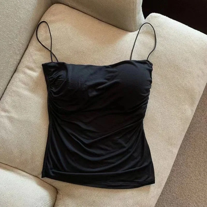 New-Sexy Solid Pleated Tank Camisole Women's Summer Spaghetti Strap Sleeveless Tops — image 10
