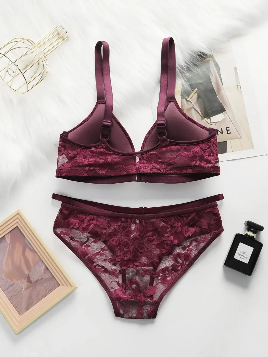 Women Sheer Lace Bra Set Front Hook Closure Wireless V Neck Brassiere Burgundy Floral Lace Underwear Panties Suit Sexy Lingerie — image 2