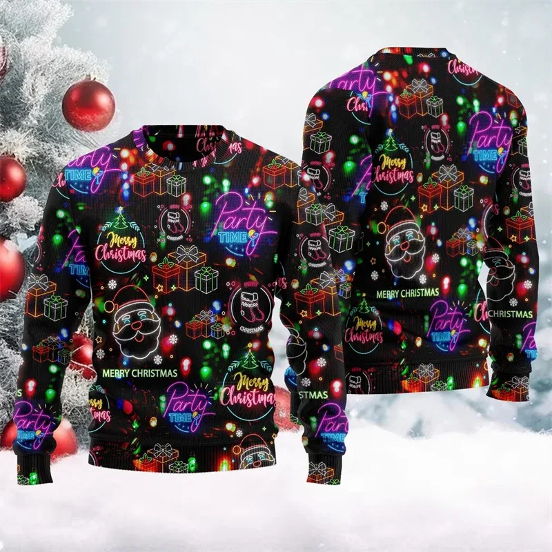 2025 Hot Christmas Ugly Sweater Men Women 3D Print Neon Pattern Santa Pullover Sweatshirt Unique Xmas Clothes Party Sweatshirt