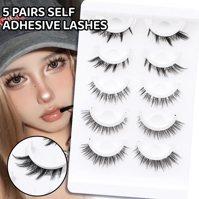 5 Pairs Mixed Style Manga Self Adhesive False Eyelashes Glue-Free Reusable Natural Strip Lashes for Daily Eye Makeup — image 2