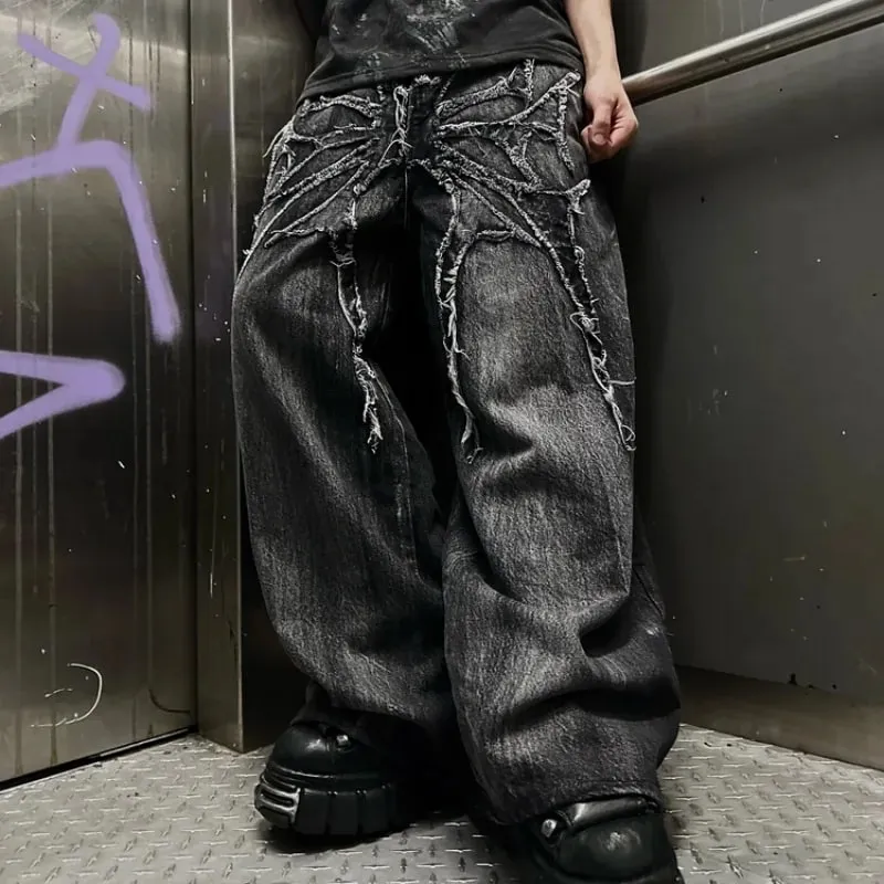 Men Y2K Gothic Spider Baggy Jeans Distressed Washed Raw Edge Wide Leg Denim Pants Hip Hop Streetwear Ghost Loose Trousers — image 2