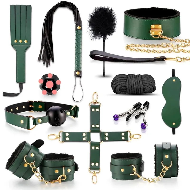 Erotic Bed Bondage Kits Slave Restraint Bondage Set Genuine leather Collar Mouth Gag Whips Handcuffs Adult Sex Toys For Couples — image 8