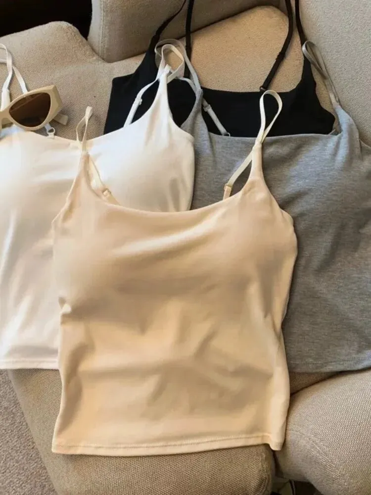Slimming Summer Outerwear Inner Wear Camisole Tank Top Women Simple Sling Strap Vest With Chest Pad For Girls