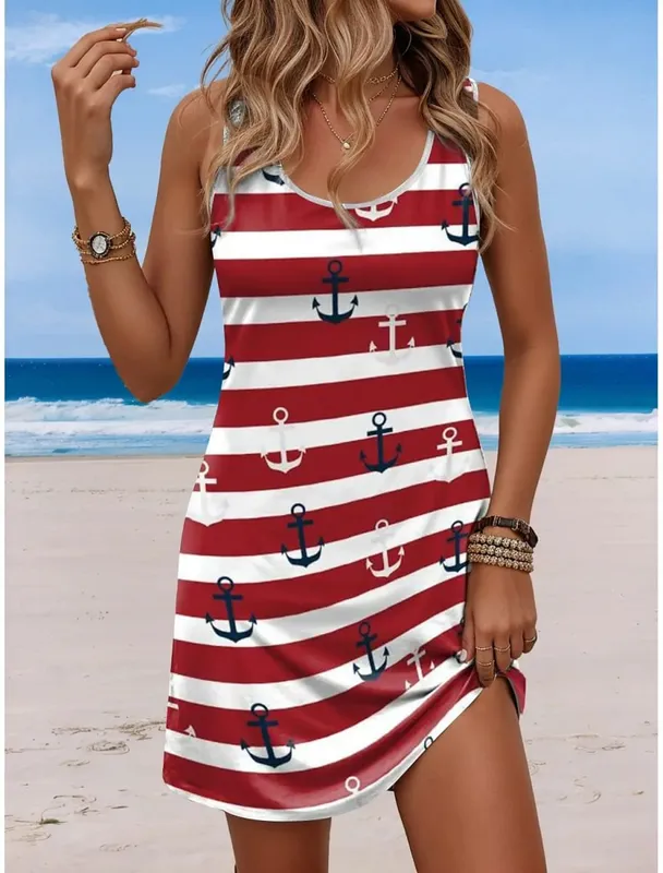 Women's Sleeveless Crew Neck Tank A-Line Mini Dress Print White Red Blue Loose Casual Summer Beach Vacation Daily Dress — image 2