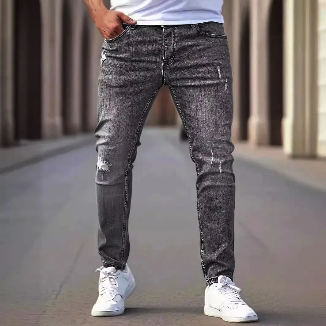 Men's American Retro Hole-Punched Stretch Slim Fit Jeans Zipper Casual Streetwear Denim Pants Classic Black Blue Skinny Trousers — image 12