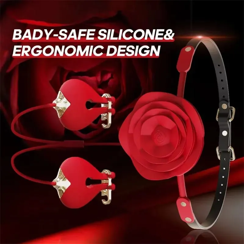 Forced Orgasm New Rose Mouth Ball Collar Leash Nipple Clamp Vibrator BDSM Couple Foreplay Masturbation Silicone Sex Toy Set — image 2