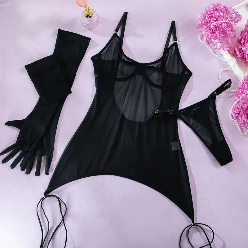 Sexy Solid Mesh Open Back Perspective Bodysuit with Rope Gloves Three Piece Set for Women See Though Fun Lingerie Intimates Suit — image 3