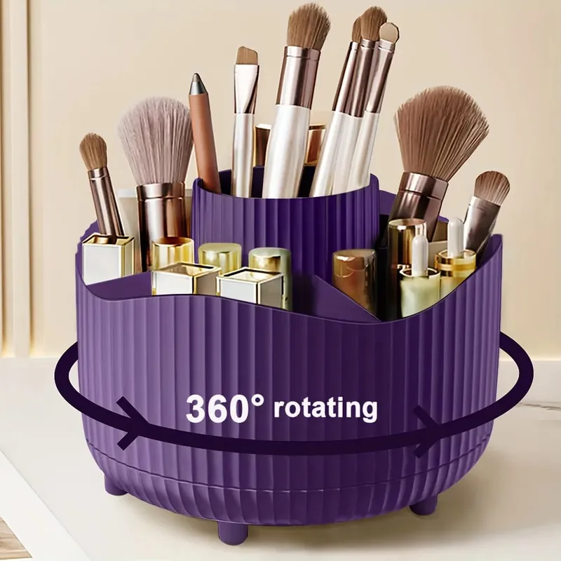 360-Degree Rotating Makeup Organizer 5 Slot Plastic Cosmetic Storage Elegant Stripe Versatile Holder for Brushes Office Supplies — image 12