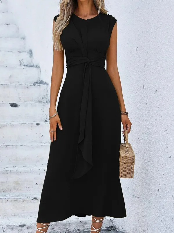 Women's Solid Color A-Line Dress Sleeveless Front Thin Straps Elegant Belted Midi Dress for Summer — image 14