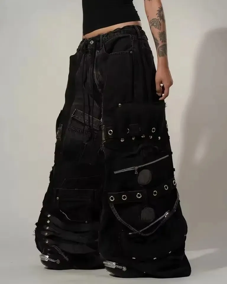 Y2K Black Oversized Cargo Jeans Men Heavy Strap Buckle Stud Zip Pocket Distressed Detail Streetwear Casual Wide Leg Fashion Pant — image 6