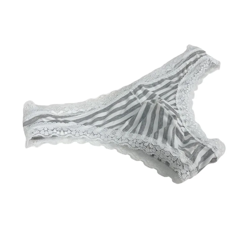 Men Lace Trim Striped G-string Underwear Half-covered Butt Low-rise Pantie Breathable Sexy U Bulge Pouch Comfortable Tong — image 2