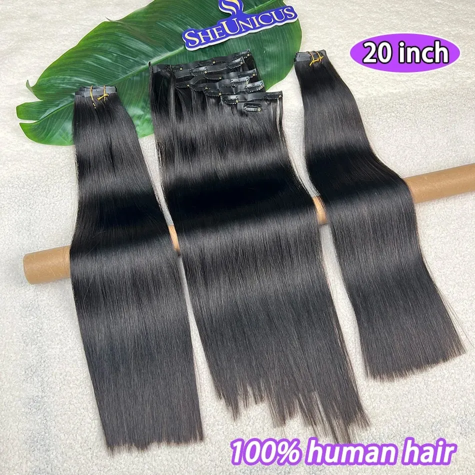 Double Drawn Straight PU Clip Ins Hair Extensions 100% Human Hair Natural Black Color 100g/Set 7pcs Invisible PU Weft Clips Hair — image 4