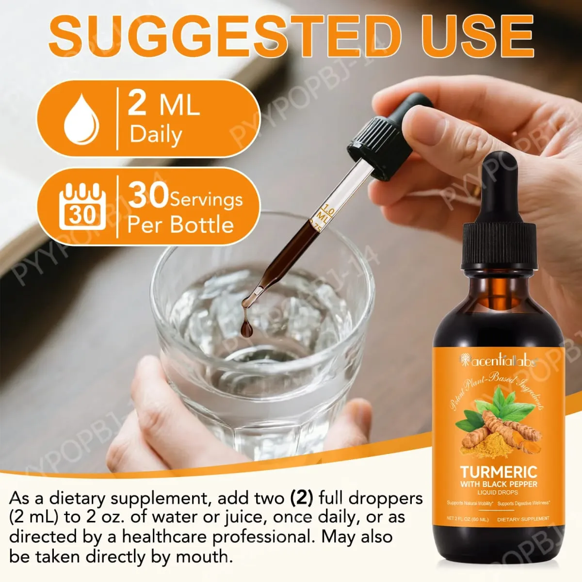 Acentialabs Turmeric with Black Pepper Liquid Drops for Natural Inflammatory Response Support 1340 Mg Turmeric Extract 60 ML