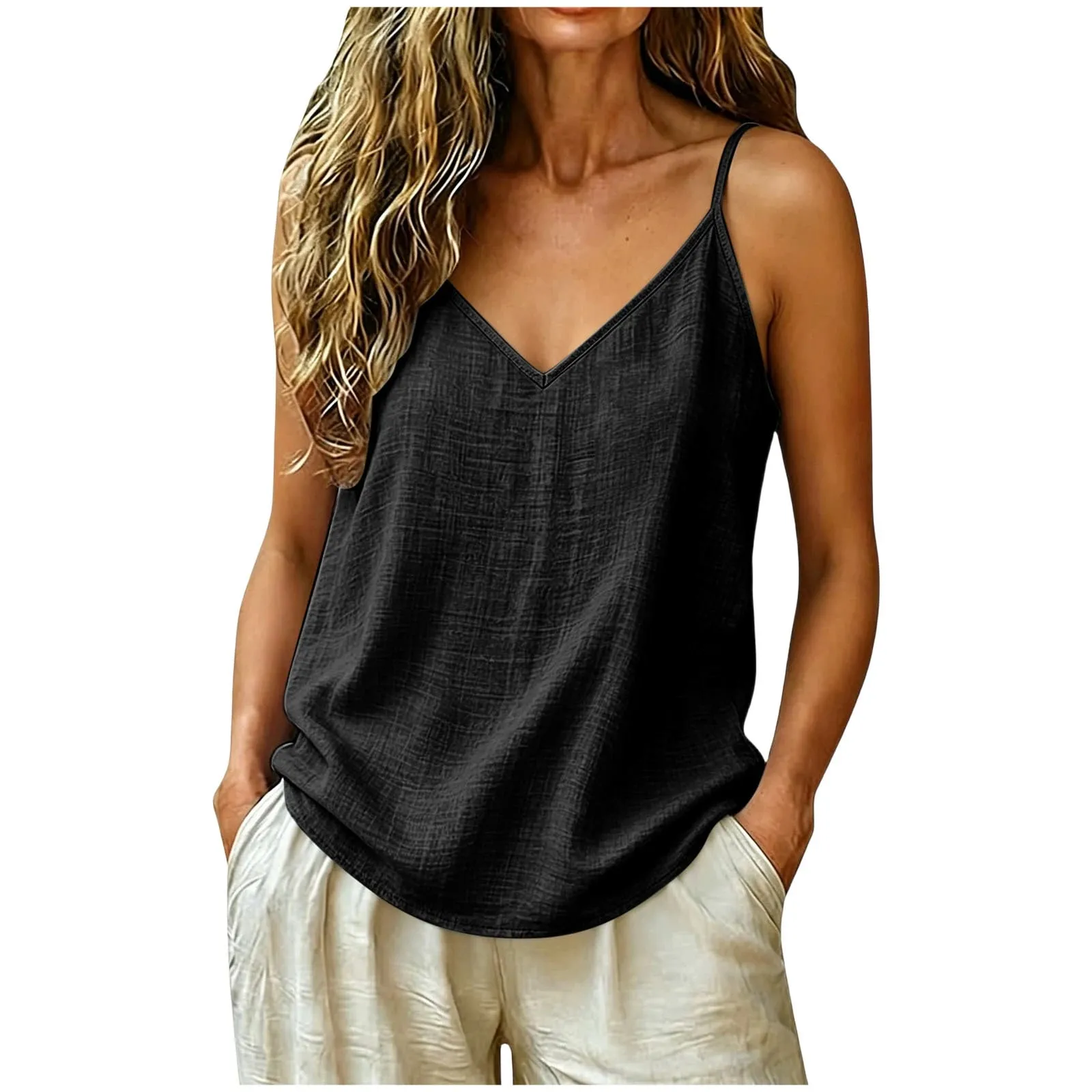 Women Cotton Linen Spaghetti Strap Tank Top V Neck Solid Color Loose Fit Lightweight Casual Sleeveless Camisole Summer Beach Top