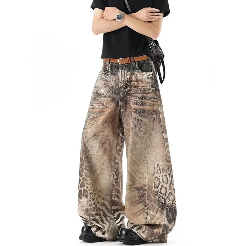 Washed Brown Distressed Leopard Printed Loose Men's Jeans Streetwear Casual Wide Leg Denim Long Pants Summer New — image 4