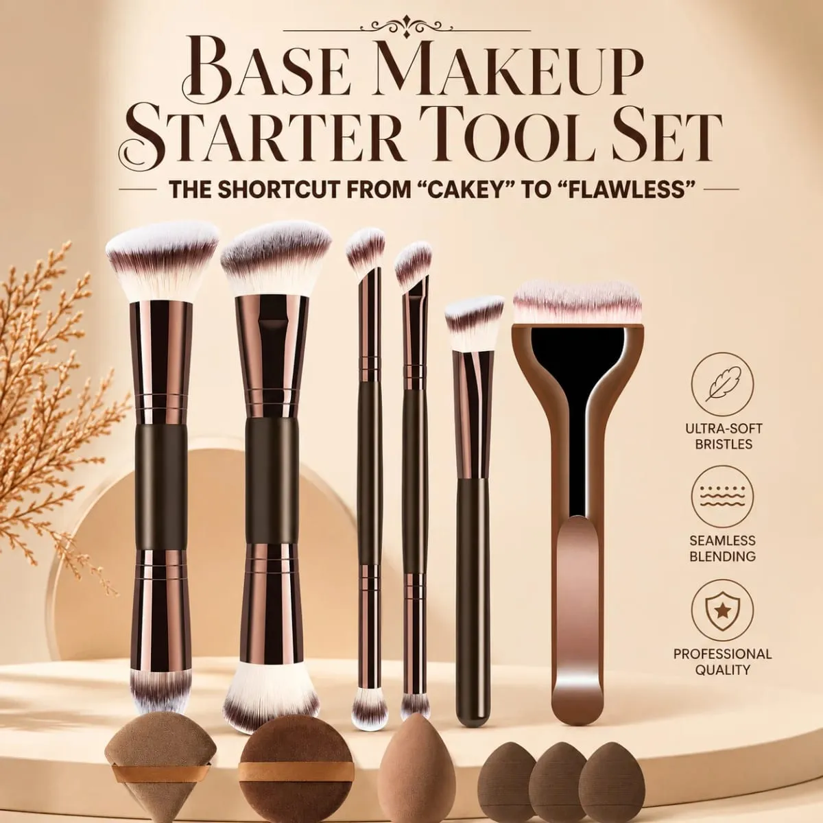 12-Piece Makeup Brush Set With 6 Flat and Round Brushes and 6 Sponges for Foundation Powder Blush and Eyeshadow — image 3