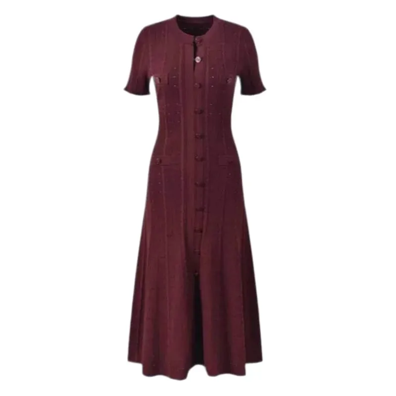 Elegant Knitted Dress round Neck Short Sleeve Hollow out Long Dress Ribbed Single Button Knitted Dress Fashionable Commute Style — image 5