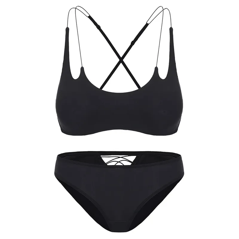Smooth Wire Free Thin Insert Bra Panties Lingerie Set Spaghetti Strap Cross Backless Women Beautiful Underwear Three Ways Wear