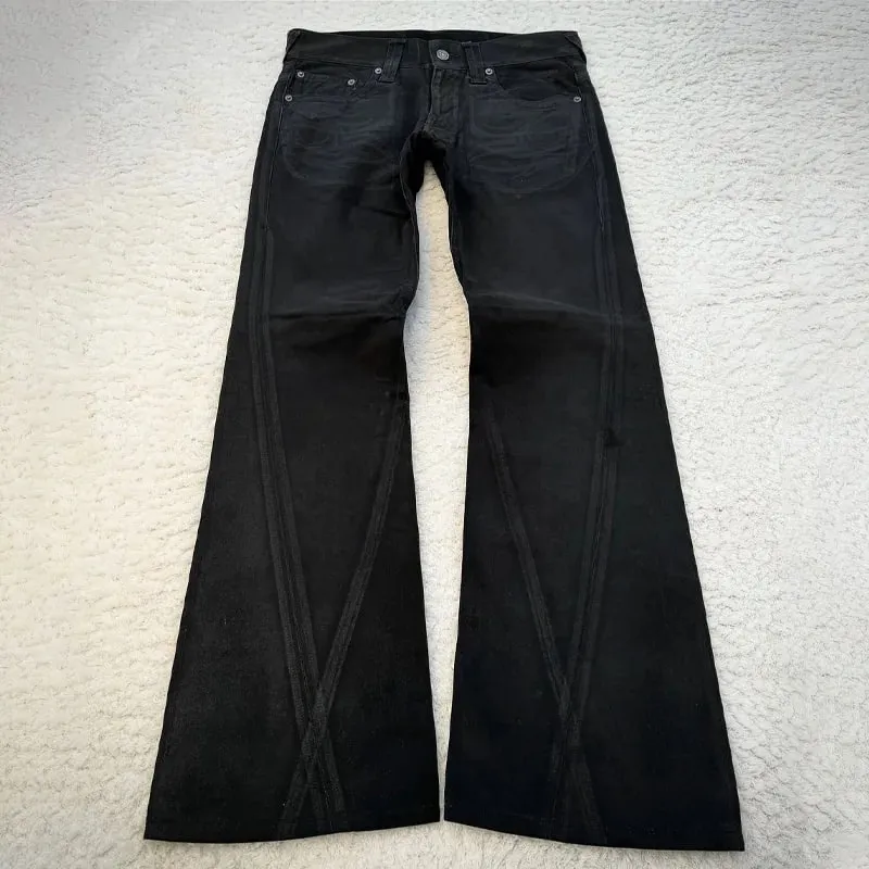 Vintage X Ray Waxing Tribal Embroidery Men's Flared Jeans Gothic High Street Unisex Punk Slim Fit Jeans Y2K Baggy Flared Jeans