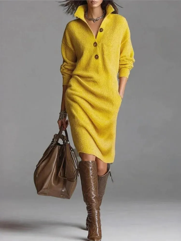 New Autumn Casual Button Loose Straight Knitting Mid-Length Sweater Dresses Women's Fashion Lapel Long Sleeve Pocket Party Dress — image 3