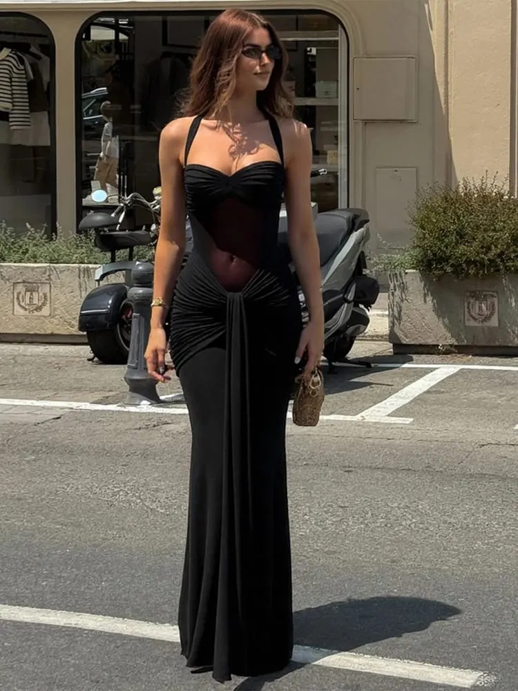 Nibber ホルターメッシュパッチワークドレス女性の夏のトレンドオフショルダーバックレスシャーリングリボンミッドナイトプロムパーティーヒップスター Vestidos — image 5