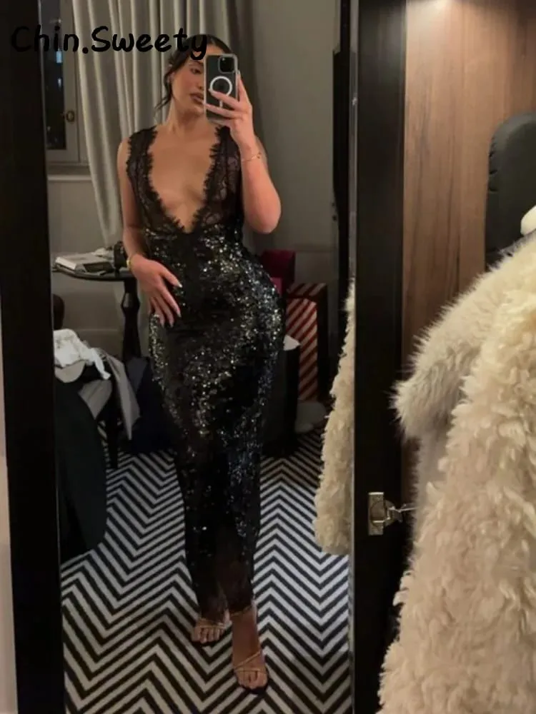 Sexy Deep V-neck Lace Spliced Sequins Long Dress Women Sleeveless Backless Hip Package Slim Dresses 2026 Spring Lady Party Gowns — image 3