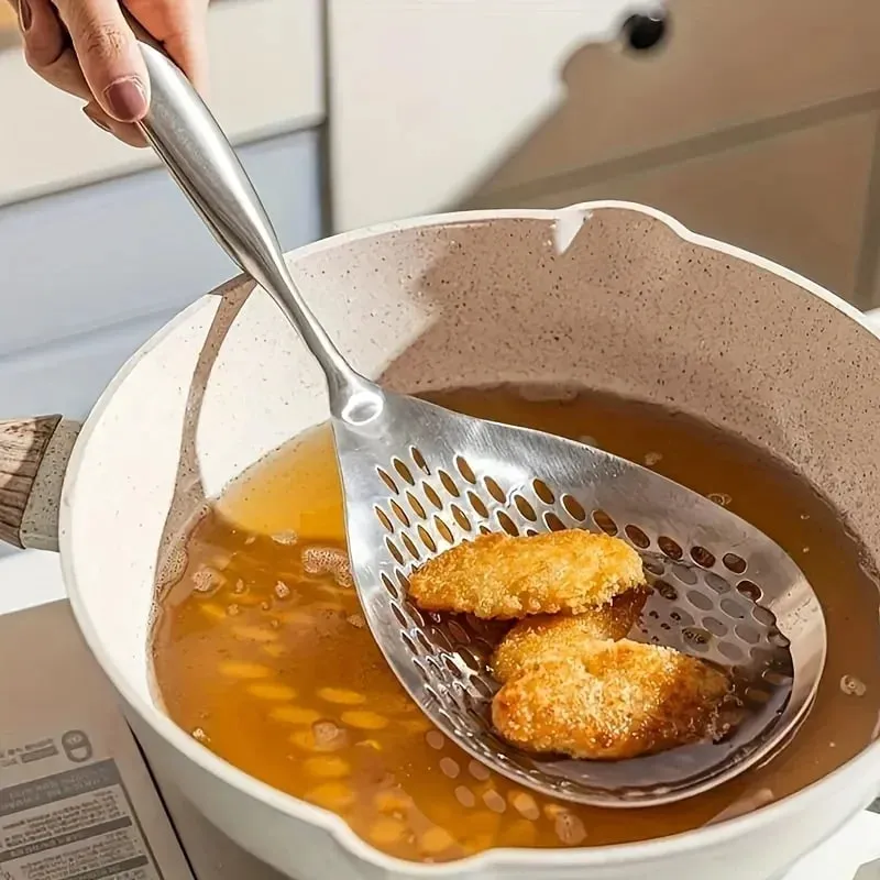 1pc Large Durable Stainless Steel Colander Skimmer Spoon Heavy Duty Food Strainer Spoon for Frying & Cooking Kitchen Utensils — image 2