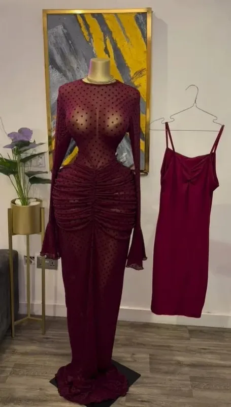 CM.YAYA 2025 Women Long Sleeve Ruched Mesh See Though with Lining Bodycon Long Dress Fall Evening Birthday Sexy Party Dresses — image 17