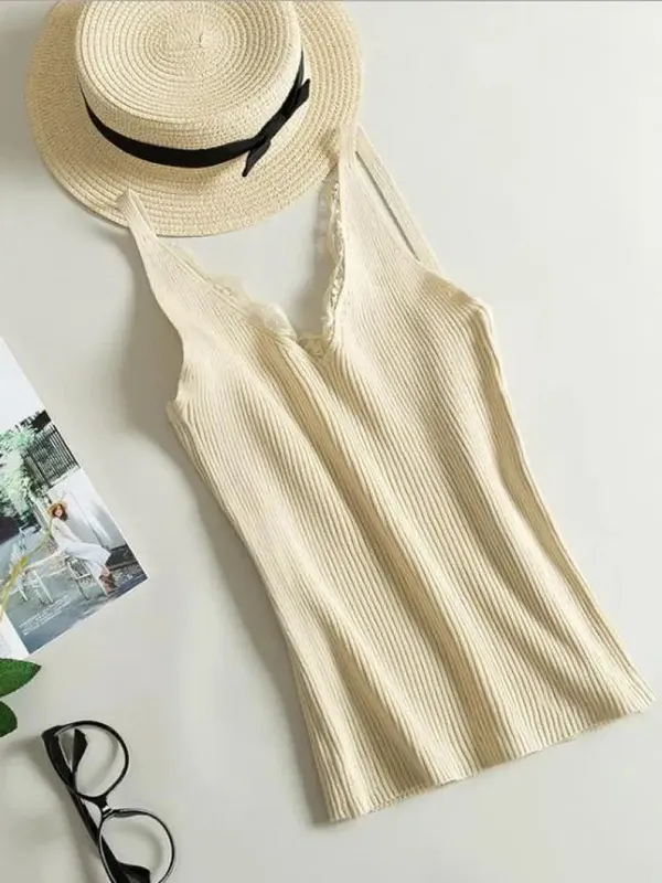 2026 Summer Casual Tops Solid Stitching V-neck Camis Women Hook Flower Lace Tank Female Knitted Short Slim Sleeveless Shirt — image 11