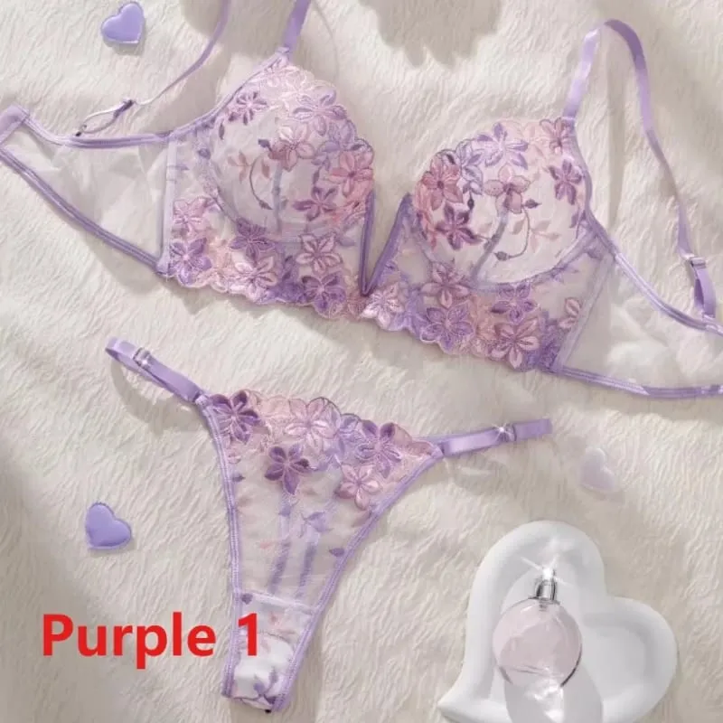 Women Transparent Bralette Underwire 2 Piece Bra and Panty Set Floral Embroidery Sexy Lingerie Set Push Up Bra Panty Underwear — image 5