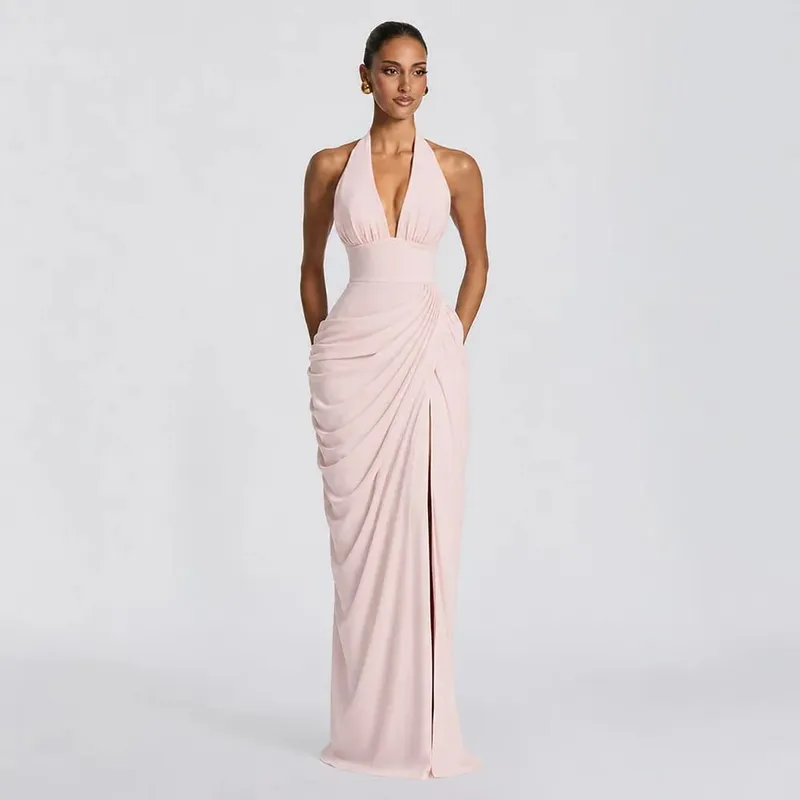 Sexy Women Solid Halter Maxi Dress Elegant Deep V Neck Sleeveless Ruched High Slit Dresses Evening Party Fashion Female Clothing — image 7