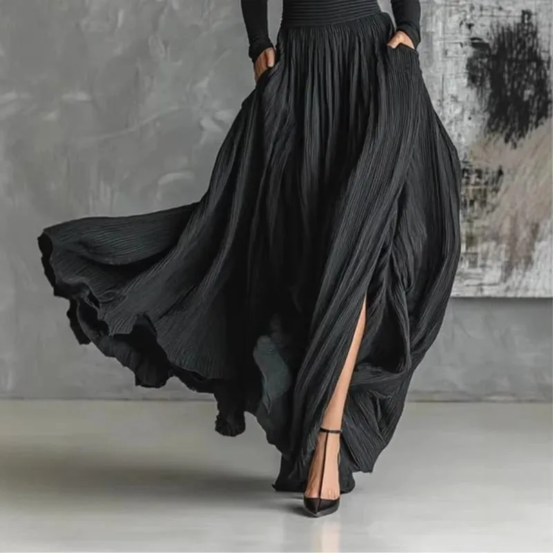 France Elegant Two Piece Skirt Set for Women's Pockets Solid Minimalist Split Hem Pleated A Line Vintage Turtleneck Slim Suits — image 6