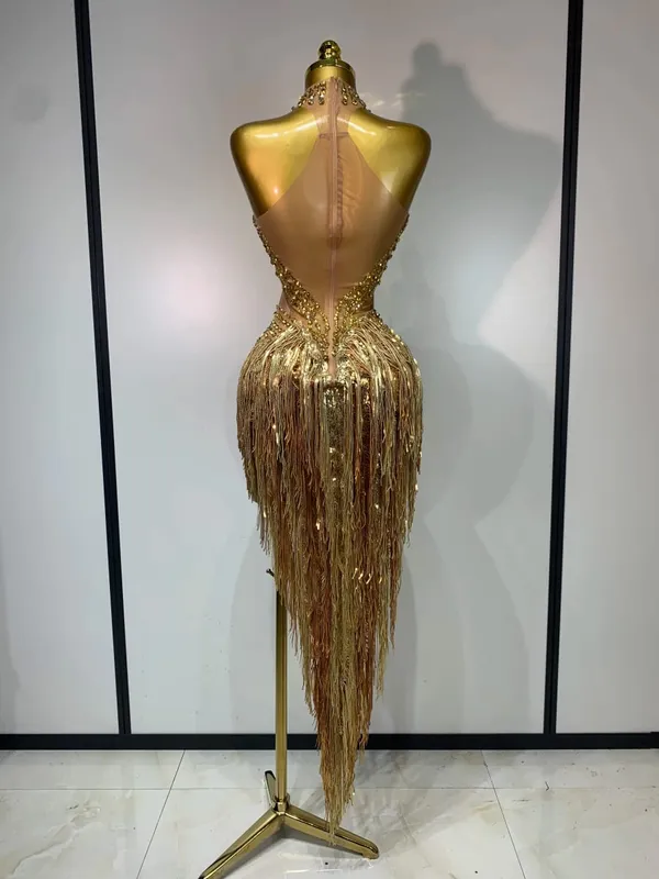 Sexy Stage Costume Sparkly Rhinestone Mesh Transparent Sequins Tassel Evening Birthday Party Nightclub Dance Singer Outfit