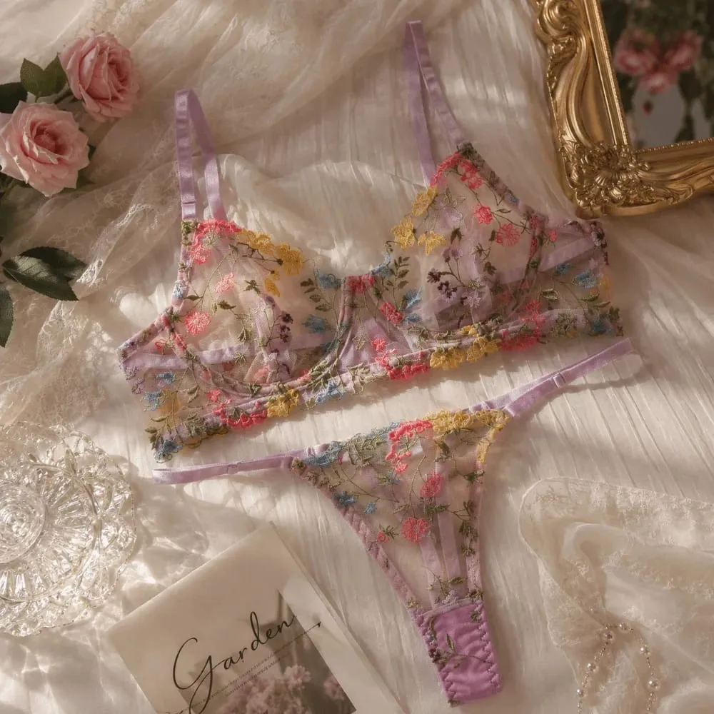 Bohemia Transparent Lingerie Set Ultra-thin Push Up Panties Bra Set Elegant Embroidery Floral Underwear Girl — image 3