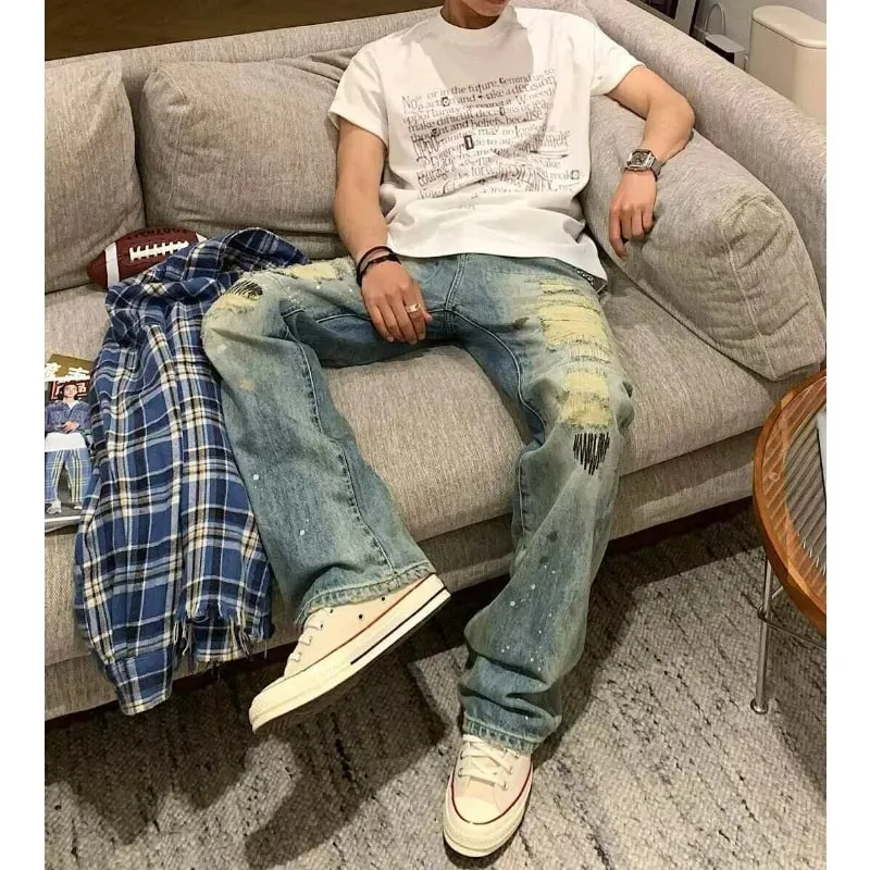 Men's Jeans High Street Vintage Distressed Ripped Faded Man Pants Blue Straight Denim Trousers Embroidery Design Bootcut — image 5