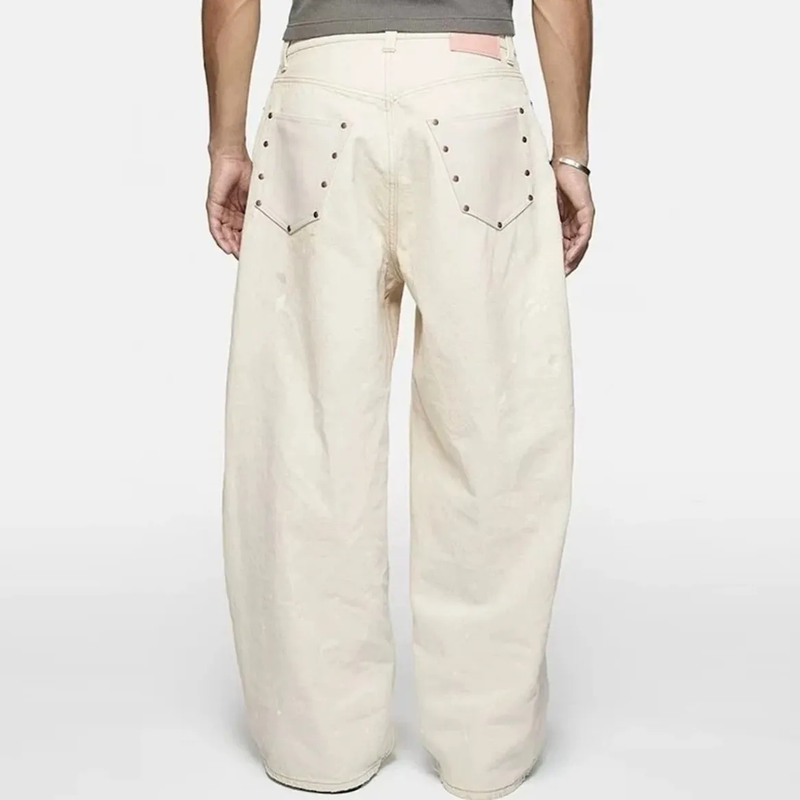High Street Dirty Mud Splatter Baggy Jeans for Men Solid Color Loose Straight Rivet Pocket Washed White Denim Trousers Oversize — image 4