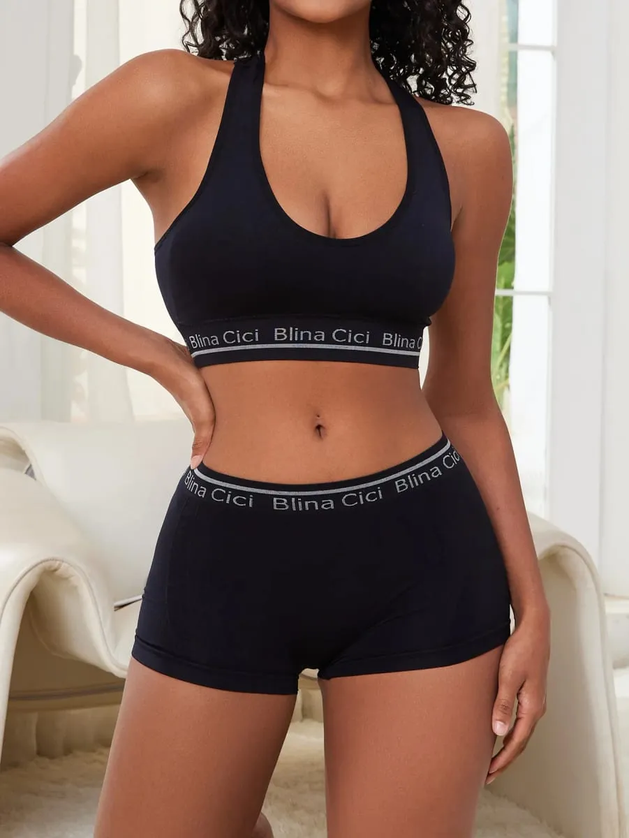 Women's Letter Print 2 Piece Scoop Neck Bra and Mid Rise Boyshort Lingerie Set — image 3
