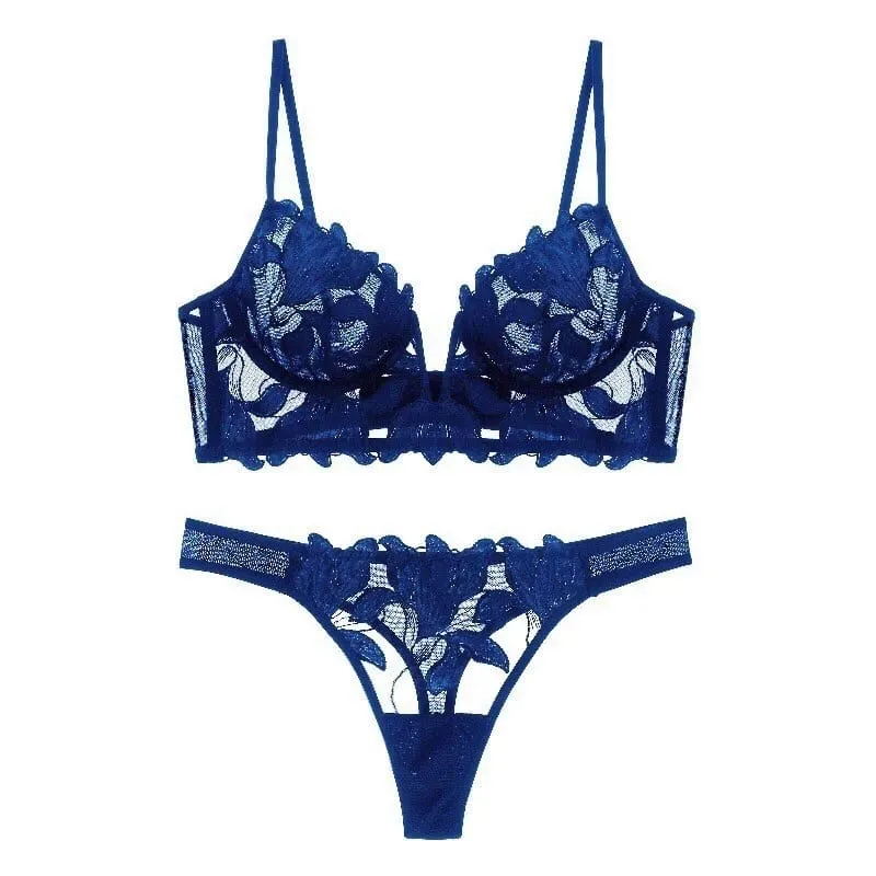 Ensemble de Lingerie en dentelle florale rouge pour femmes, soutien-gorge à armatures transparentes, bonnet fin, culotte tanga assortie, Sexy, ajouré, intimes — image 9