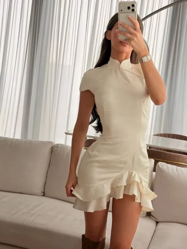 Chic Strawberry Print Ruffle Dress 2026 Deep V Neck Long Puff Sleeve Ruched Waist Mini Dresses Spring Sweet Café Meetup Vestido — image 20