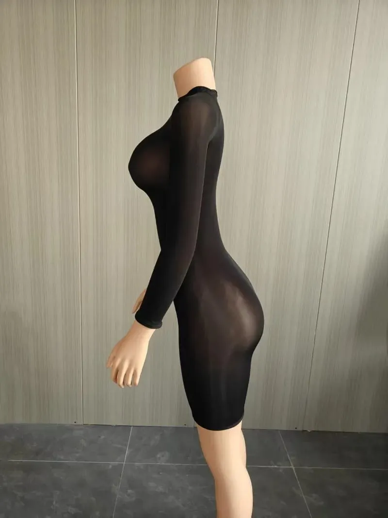 Oil Shiny Seamless Body Stockings Bodycon Mini Dress Women See Through O Neck Long Sleeve High Stretch Silky Glossy Clubwear — image 5