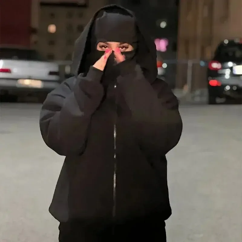 Men and women Y2K Gothic Harajuku winter new item double hooded sweatshirt men's hooded mask zipper sportswear — image 5
