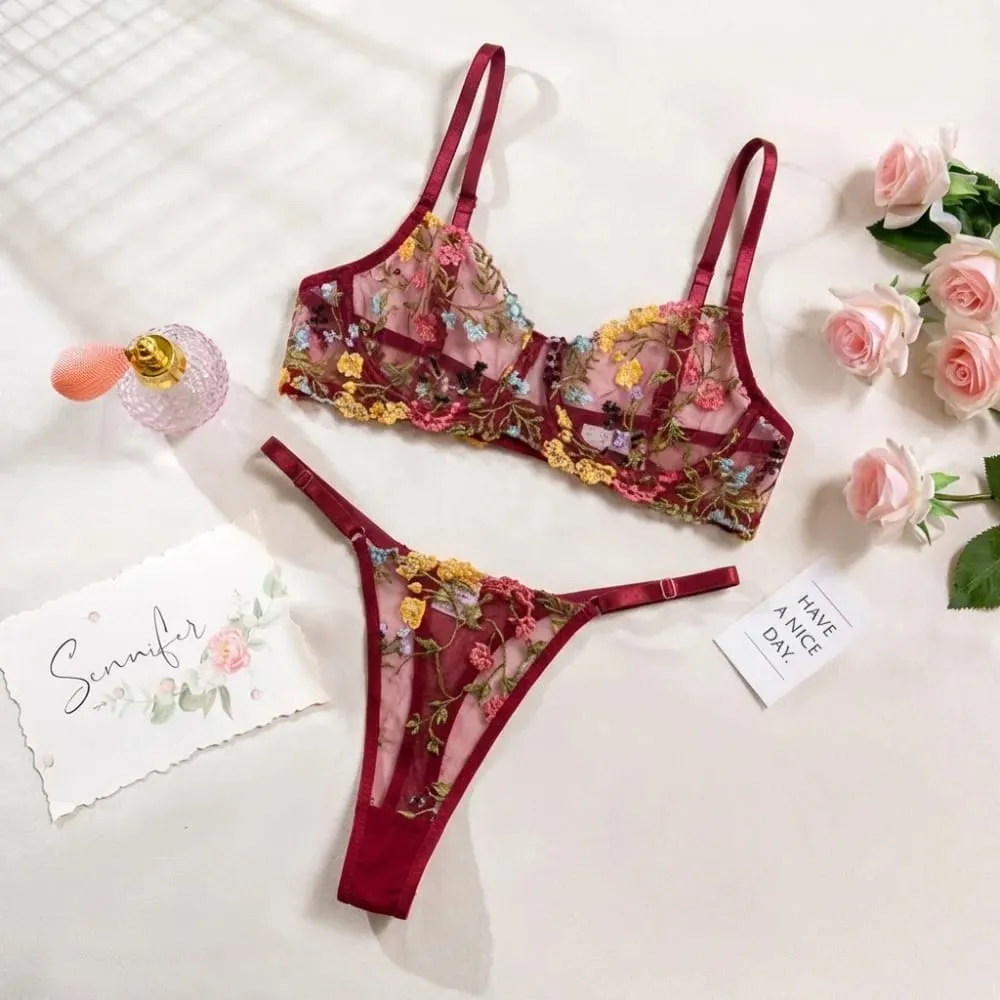 2-delige bloemenlingerieset pure veelzijdige ondergoed-intimates borduren beugel push-up bh panty set voor dames meisje — image 7