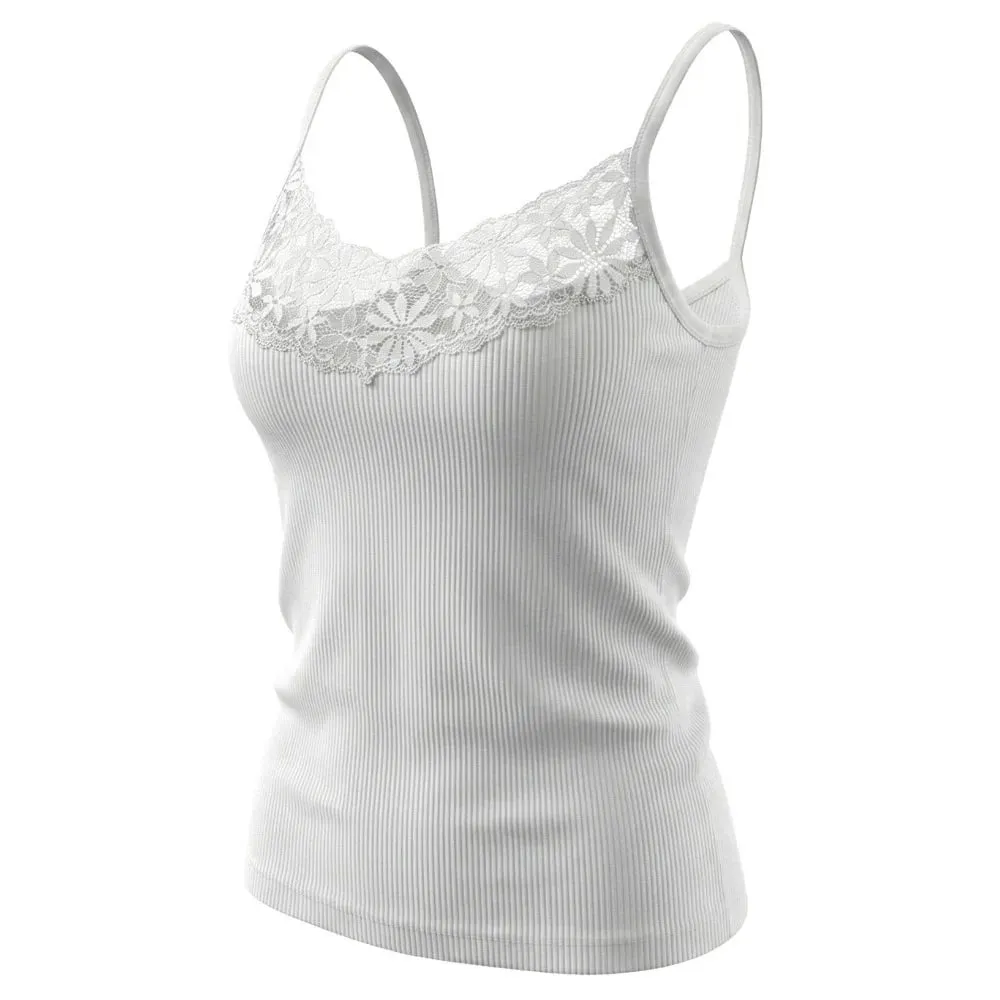 Solid Color Lace Tank Tops Ribbed Texture V Neck Design Ribbed Camisole Y2k Style Elastic Fabric Elastic Tank Tops For Women — image 8