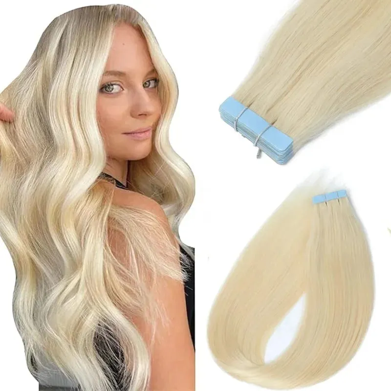 Blonde Tape in Hair Extensions Human Hair Platinum #60 Straight Seamless Skin Weft Tape in Real Human Hair Extensions 50G — image 1