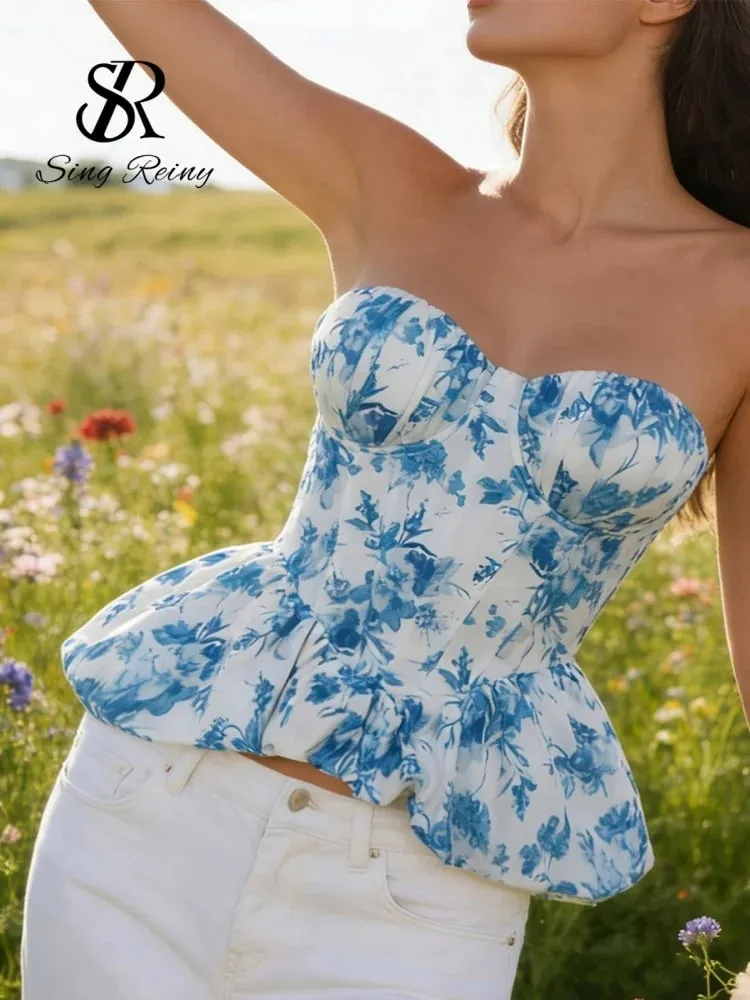 Summer Vacation Floral Print Top Female Sleeveless Lace Up Irregular Corset Blouse HIgh Quality Beach Corset Camisole — image 5