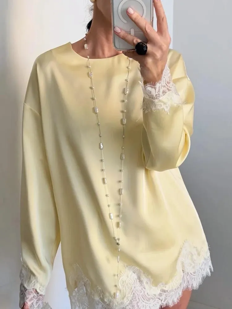 Elegant Women's Dress O-neck Full Sleeve Loose Solid Lace Hem Female Short Dresses 2026 Spring Summer New Sexy Fashion Lady Robe — image 4