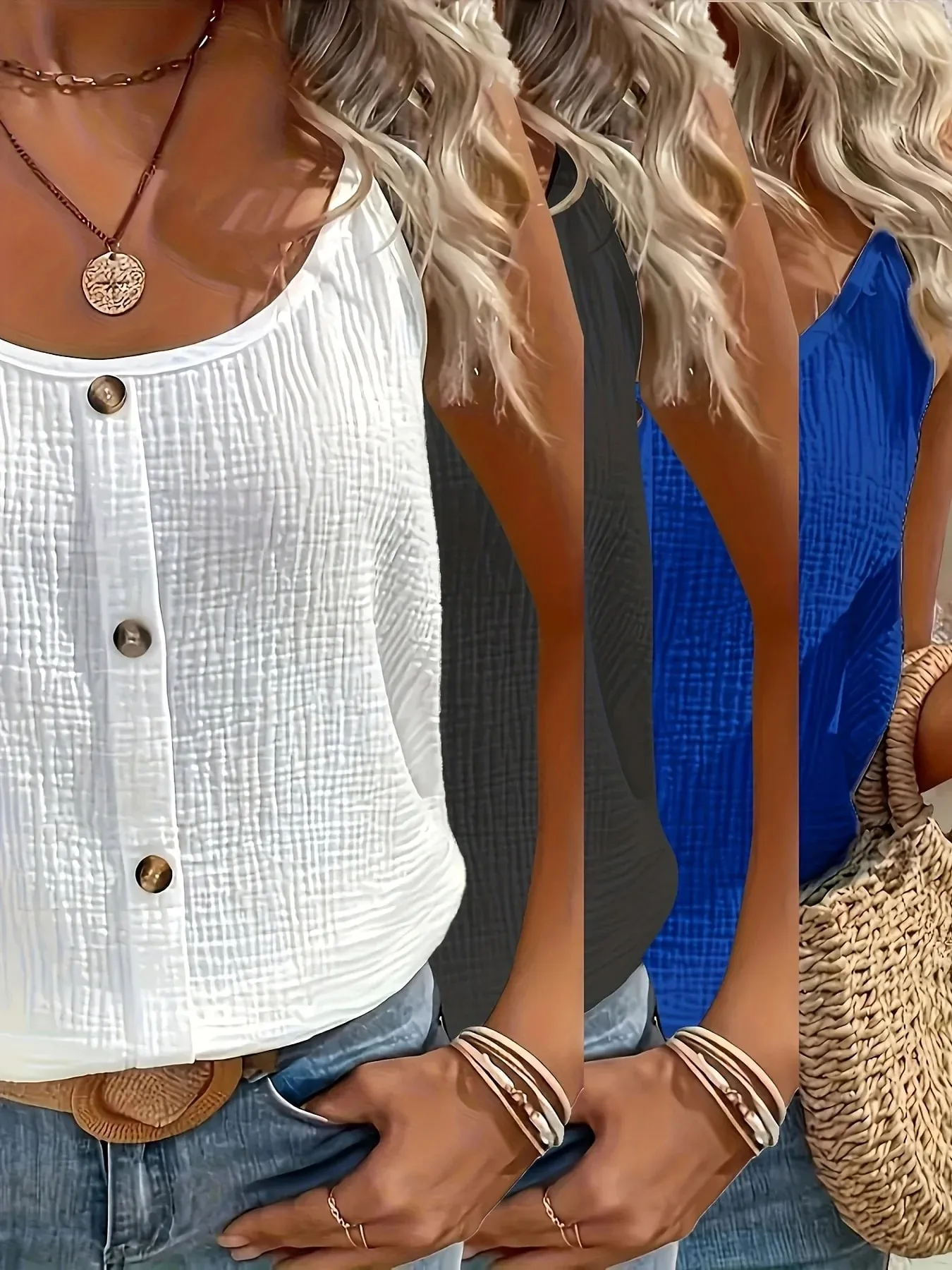 Summer Solid Color Stretchy Comfortable Camisole Tank Top 3pcs Set for Home Outings Travel and Vacations — image 3