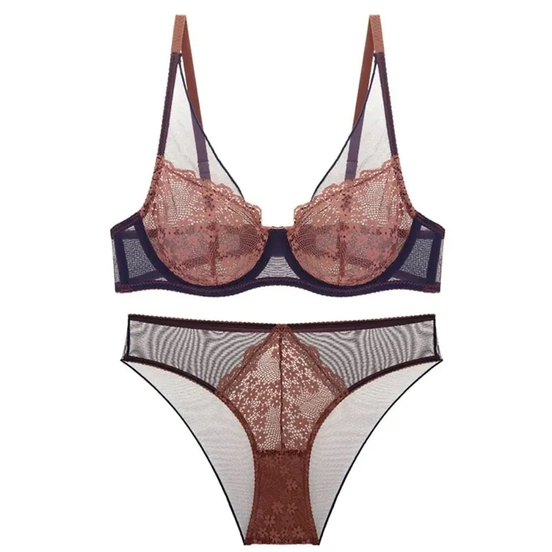 French Vintage Mesh Lace Flower Bra Set Brassiere Lingerie Mesh Bra Panties Kit Thin Seamless Push Up Bra Women Home — image 7